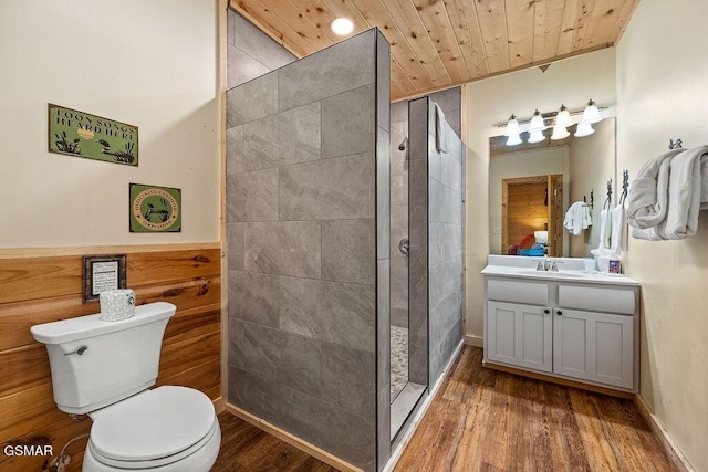 bathroom featuring vanity, toilet, wood-type flooring, and wood ceiling