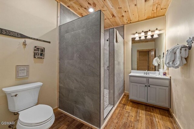 bathroom featuring toilet, vanity, wooden ceiling, and hardwood / wood-style flooring