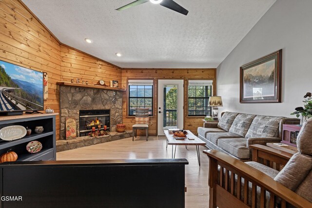 3225 Laurelwood Ave, Sevierville, TN 37862 - living area with vaulted ceiling, a textured ceiling, and wood walls