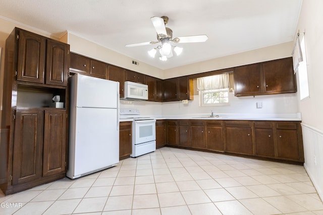 kitchen featuring dark brown cabinets, ceiling fan, white appliances, and sink