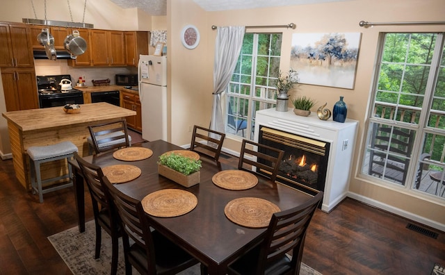 dining room featuring dark hardwood / wood-style flooring and a textured ceiling