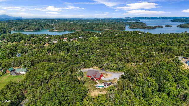 birds eye view of property featuring a wooded view and a water view