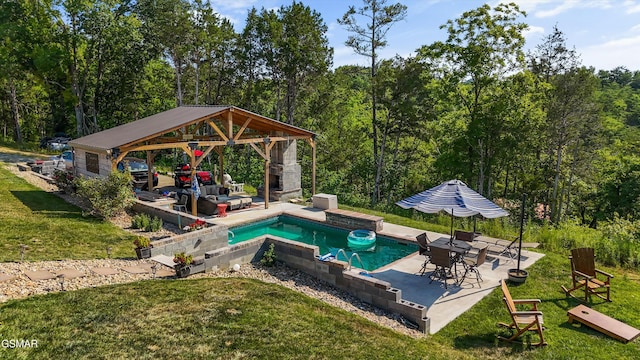 outdoor pool with a gazebo, a patio, and a yard