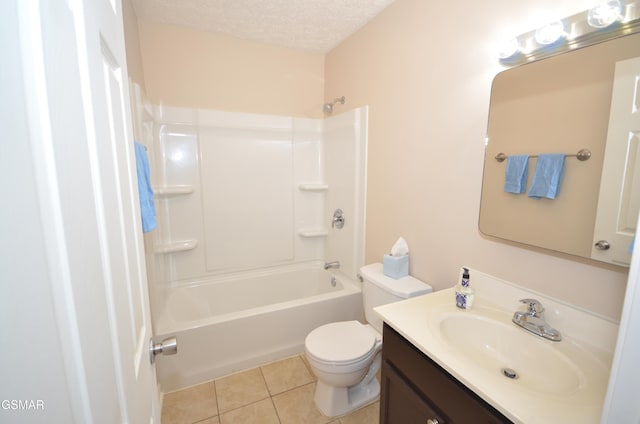 full bathroom featuring vanity, a textured ceiling, shower / washtub combination, tile patterned floors, and toilet