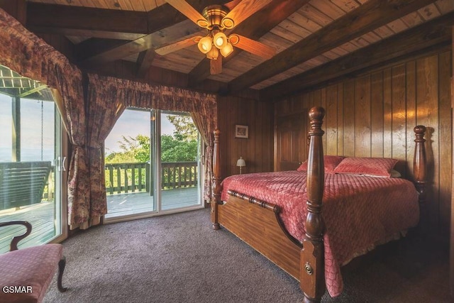 bedroom featuring wooden walls, carpet, beamed ceiling, wood ceiling, and access to outside