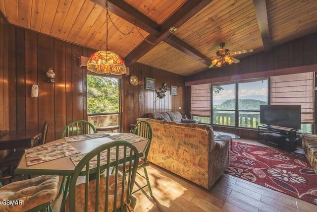 dining space featuring a ceiling fan, lofted ceiling with beams, wood-type flooring, wooden walls, and wooden ceiling