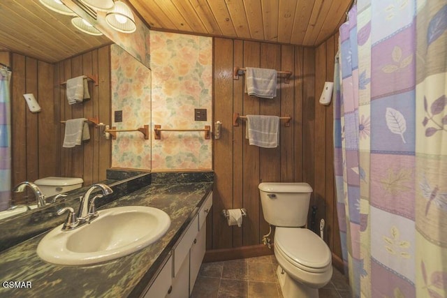 full bathroom with wooden walls, toilet, and wood ceiling