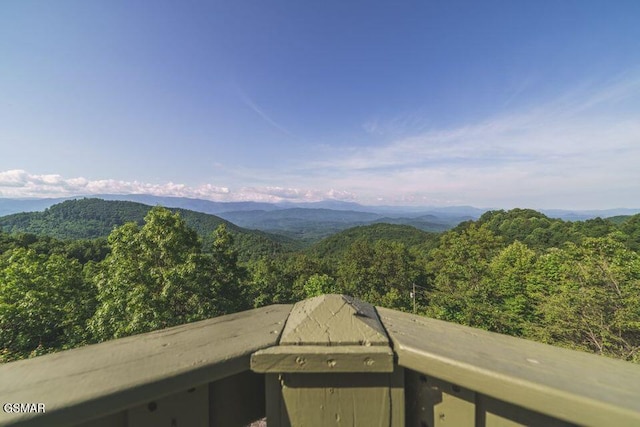 view of mountain feature featuring a forest view