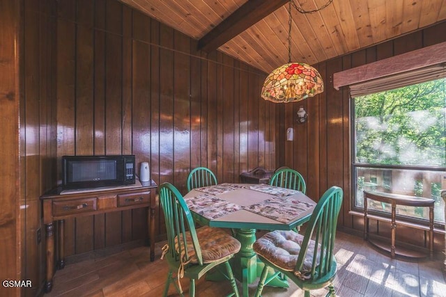 dining room featuring lofted ceiling with beams, wood ceiling, wood walls, and hardwood / wood-style flooring