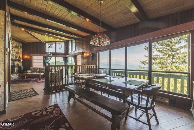 dining space featuring vaulted ceiling with beams, wooden walls, plenty of natural light, and wood ceiling