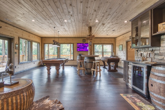 rec room with beverage cooler, dark wood-style floors, wood ceiling, pool table, and recessed lighting