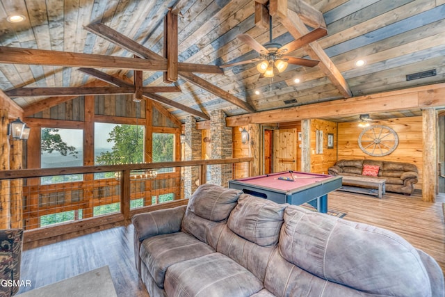 809 Pinecrest Way, Sevierville, TN 37862 - living room featuring billiards, wood-type flooring, wood ceiling, ceiling fan, and wooden walls