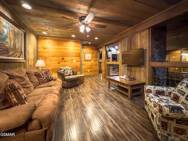 809 Pinecrest Way, Sevierville, TN 37862 - living room with wood walls, wood ceiling, hardwood / wood-style floors, ceiling fan, and recessed lighting