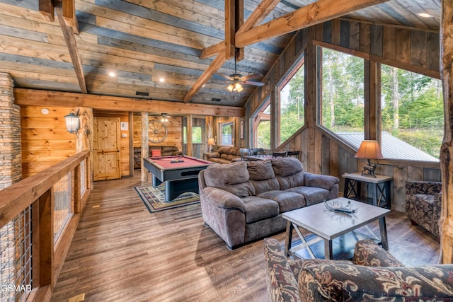 809 Pinecrest Way, Sevierville, TN 37862 - living area with wooden walls, wood ceiling, billiards table, wood finished floors, and ceiling fan