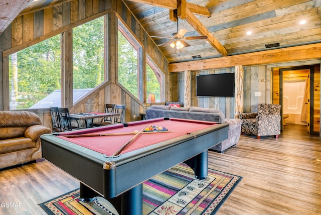 809 Pinecrest Way, Sevierville, TN 37862 - rec room with vaulted ceiling, wood finished floors, wood walls, wooden ceiling, and billiards