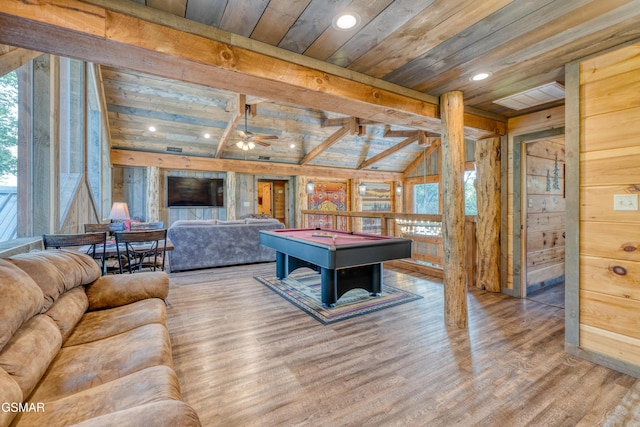 809 Pinecrest Way, Sevierville, TN 37862 - recreation room featuring wood walls, plenty of natural light, billiards, wood ceiling with exposed beams, and wood finished floors