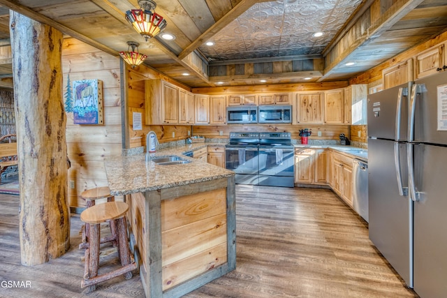 809 Pinecrest Way, Sevierville, TN 37862 - kitchen featuring stainless steel appliances, a sink, a peninsula, light wood-style floors, and light stone counters