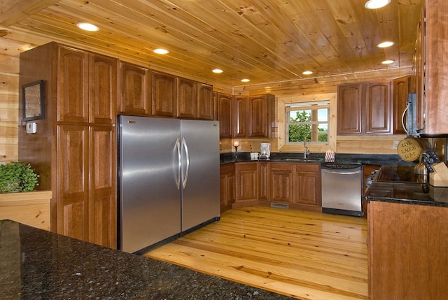 kitchen featuring wooden ceiling, stainless steel appliances, light hardwood / wood-style floors, and sink