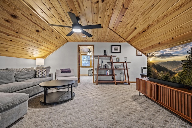 carpeted living room featuring ceiling fan, lofted ceiling, and wood ceiling