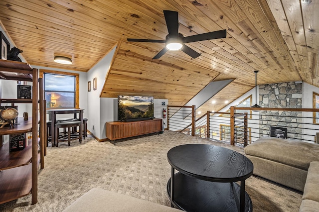 carpeted living room with vaulted ceiling, ceiling fan, a healthy amount of sunlight, and wood ceiling