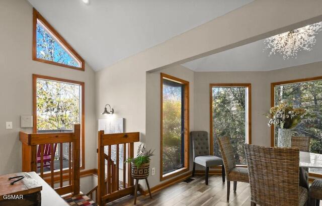 living area with vaulted ceiling and wood finished floors