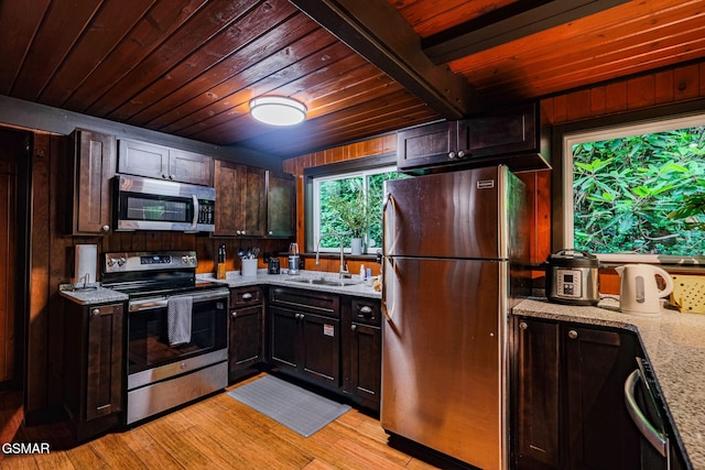 kitchen with light stone counters, light wood-style flooring, a sink, appliances with stainless steel finishes, and wooden ceiling