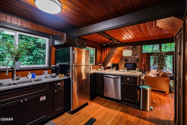 kitchen featuring wooden ceiling, stainless steel appliances, light wood finished floors, a sink, and open floor plan