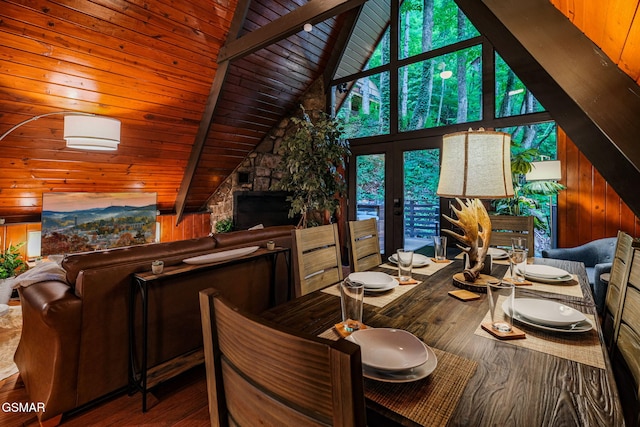 dining area with wood ceiling, beamed ceiling, wood walls, wood finished floors, and high vaulted ceiling
