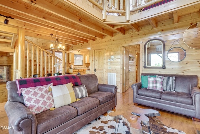 2867 White Oak Ridge Ln, Sevierville, TN 37862 - living area featuring wood walls, wood finished floors, a chandelier, and wood ceiling with exposed beams