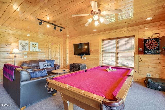 2867 White Oak Ridge Ln, Sevierville, TN 37862 - recreation room featuring carpet, rail lighting, wood ceiling, billiards table, and a ceiling fan