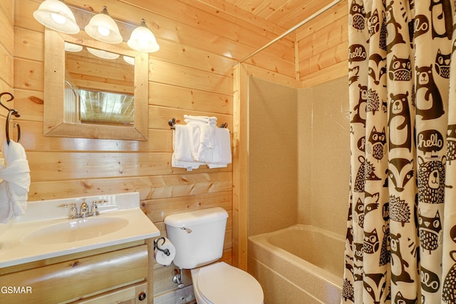 2867 White Oak Ridge Ln, Sevierville, TN 37862 - full bathroom with wooden walls, toilet, vanity, wood ceiling, and shower / tub combo with curtain