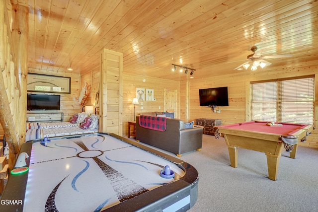 2867 White Oak Ridge Ln, Sevierville, TN 37862 - rec room featuring pool table, wooden ceiling, carpet, ceiling fan, and wooden walls