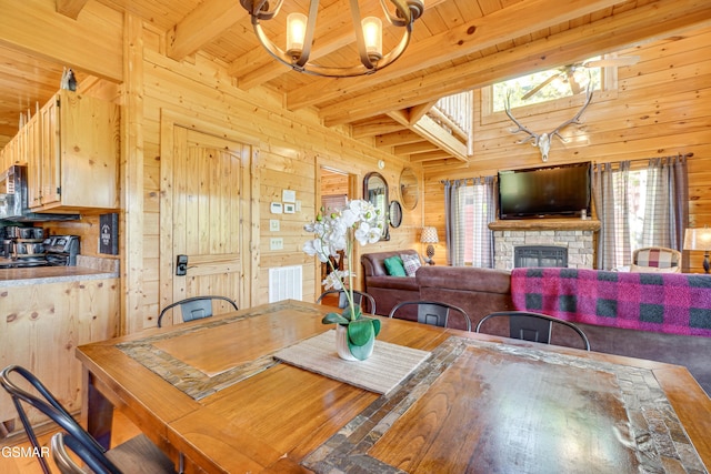 2867 White Oak Ridge Ln, Sevierville, TN 37862 - dining space featuring wood ceiling with exposed beams, wooden walls, a chandelier, a fireplace, and wood finished floors