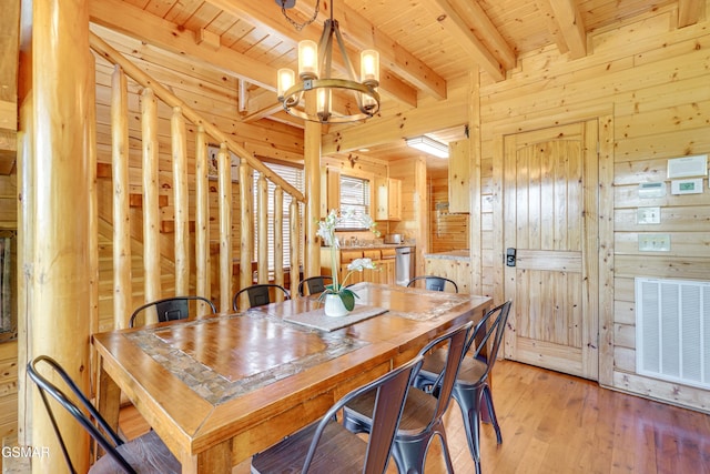 2867 White Oak Ridge Ln, Sevierville, TN 37862 - dining space featuring wooden walls, a chandelier, wood ceiling with exposed beams, and light wood finished floors