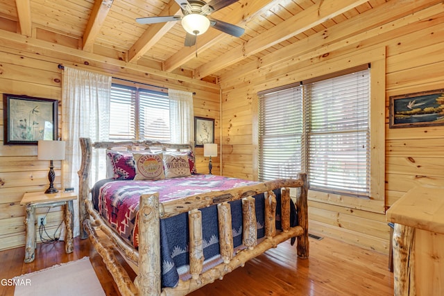 2867 White Oak Ridge Ln, Sevierville, TN 37862 - bedroom with wooden walls, wood ceiling with exposed beams, hardwood / wood-style flooring, and a ceiling fan
