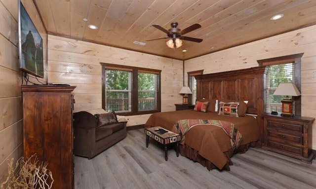 bedroom featuring recessed lighting, multiple windows, wood ceiling, and wood finished floors