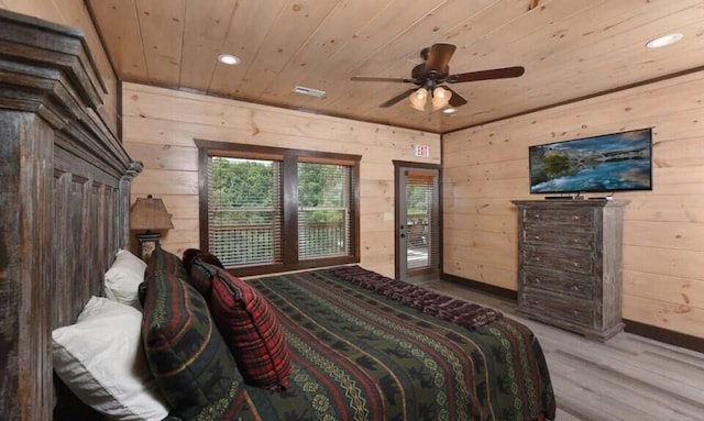 bedroom featuring wooden ceiling, wood walls, recessed lighting, and wood finished floors