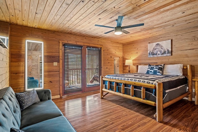 bedroom with hardwood / wood-style flooring, wood walls, wooden ceiling, ceiling fan, and access to outside