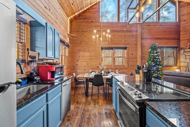 kitchen featuring wooden ceiling, hanging light fixtures, stainless steel appliances, and wooden walls