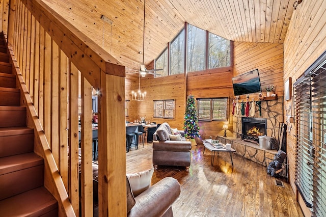 unfurnished living room with wood ceiling, wooden walls, ceiling fan, a fireplace, and high vaulted ceiling