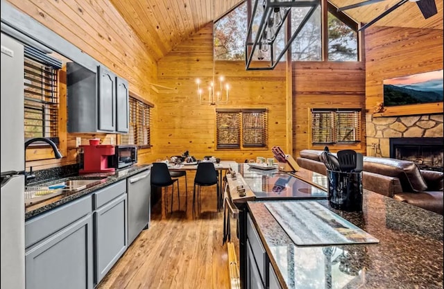 kitchen featuring wooden ceiling, pendant lighting, appliances with stainless steel finishes, and a fireplace