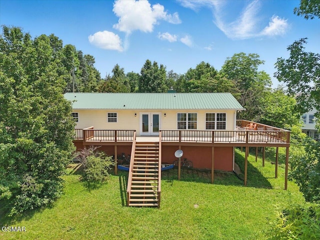1381 Lake Front Dr, Dandridge, TN 37725 - rear view of property featuring french doors, stairway, a wooden deck, a yard, and metal roof