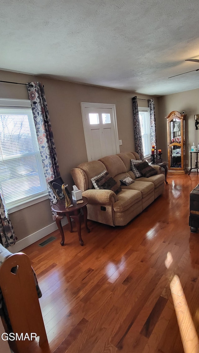 living room with hardwood / wood-style flooring and a textured ceiling