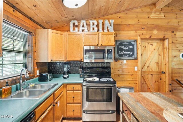 kitchen with wood walls, sink, lofted ceiling, and appliances with stainless steel finishes