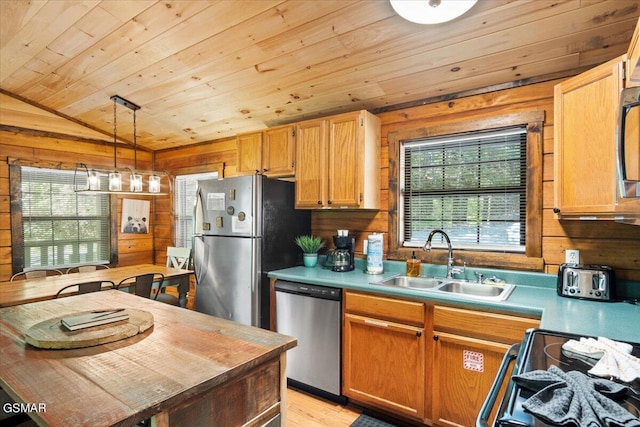 kitchen featuring appliances with stainless steel finishes, sink, wooden ceiling, hanging light fixtures, and lofted ceiling