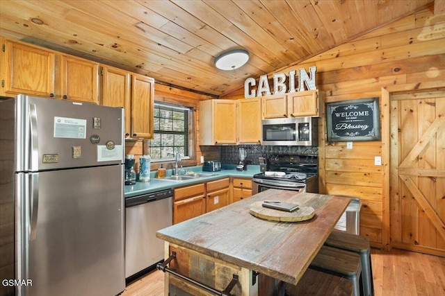 kitchen featuring appliances with stainless steel finishes, light hardwood / wood-style flooring, lofted ceiling, and wood ceiling