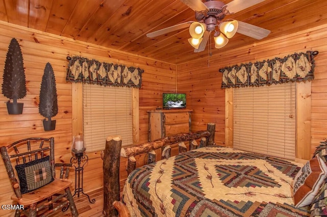 bedroom featuring ceiling fan and wooden ceiling