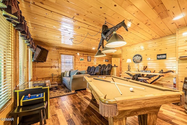 game room with billiards, wooden walls, hardwood / wood-style flooring, and wooden ceiling