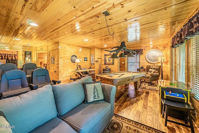 playroom with billiards, wood-type flooring, wooden ceiling, and wood walls