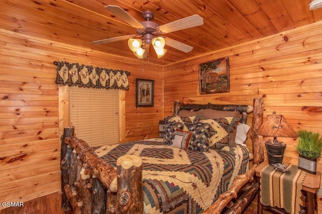 bedroom featuring ceiling fan and wood ceiling